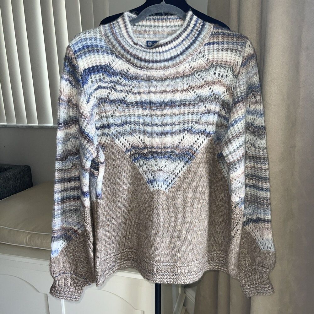 DEMOCRACY Mock Neck Woven Cable Knit Sweater Cozy Mottled Blue Tan L - Picture 2 of 8